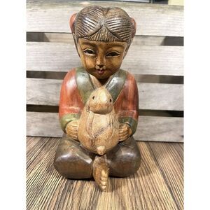 Vintage Hand Carved Wooden Statue Girl with Rabbit  Made In Thailand‎